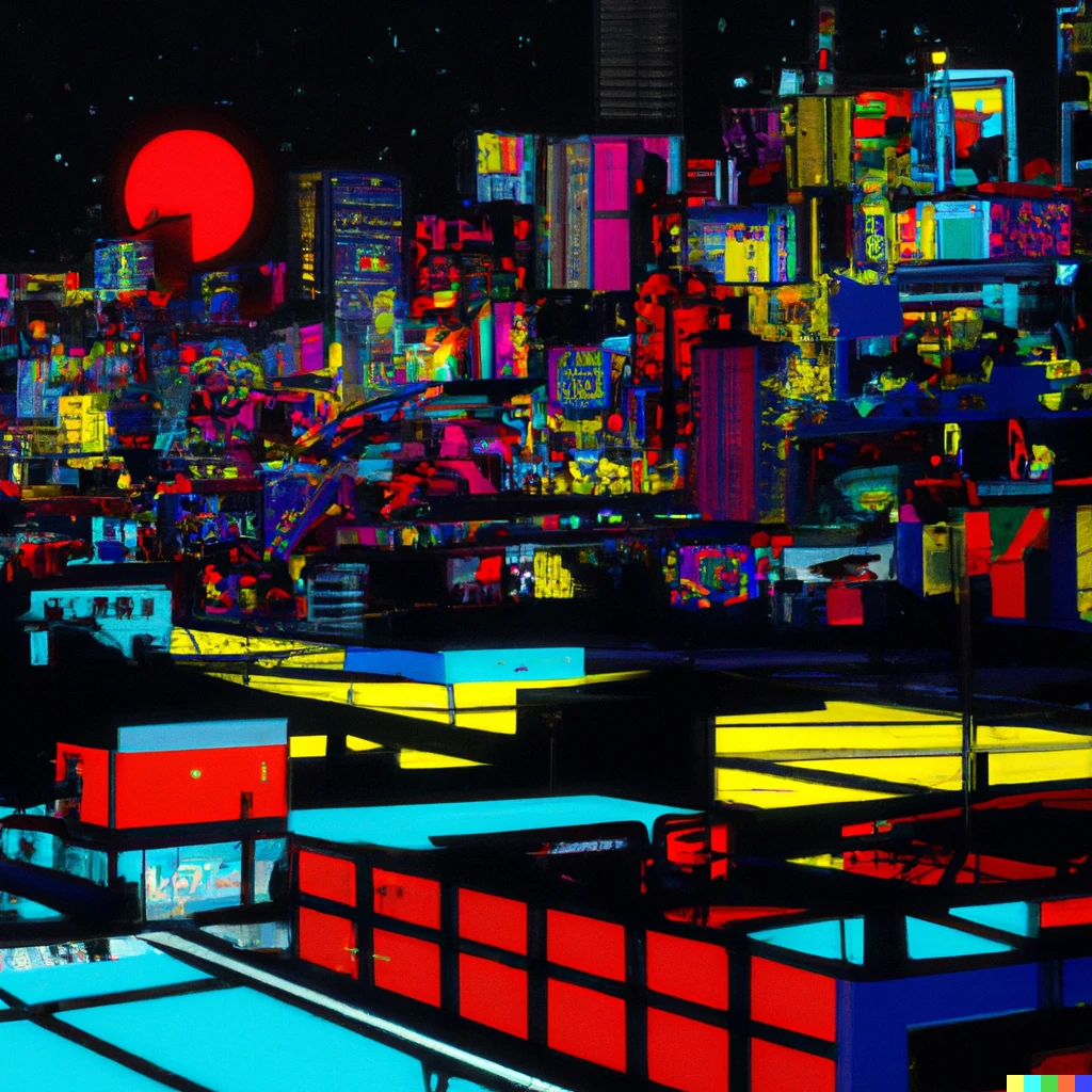 Prompt: a 3d render of a futuristic city at night using as color palette mondrian style  | 621