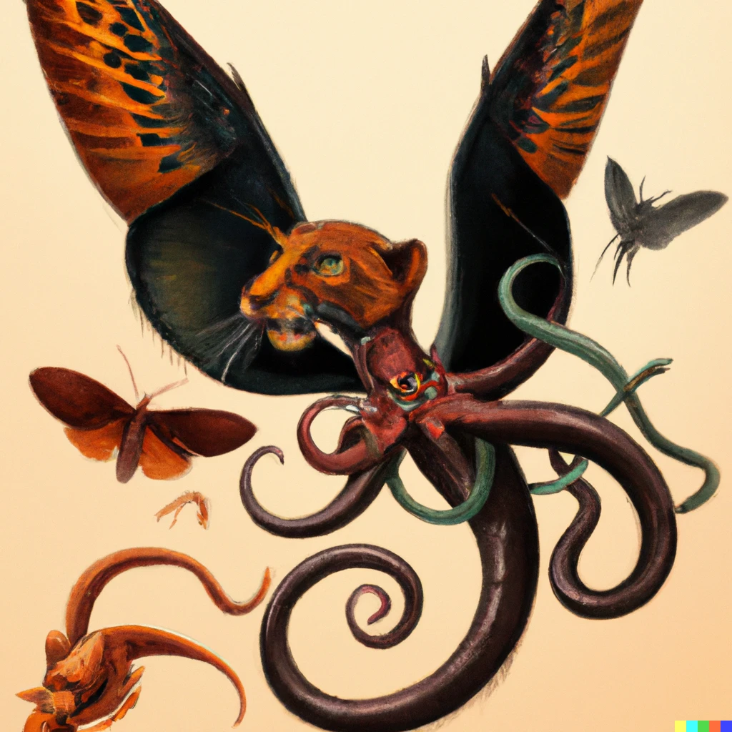 Prompt: a digital painting style of a chimera with body of panther with eight octopus tentacles, head of mantis and wings of Hummingbird