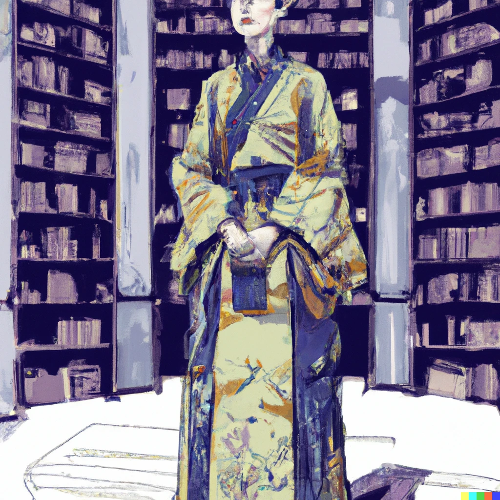 Prompt: an aizuri-e style of a old library woman standing, contemplating at your front the vastness of his library 