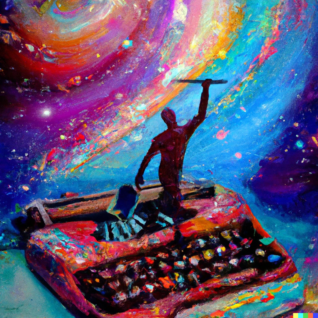 Prompt: an oil painting of a transparent writer with his typewriter in a surfboard crossing a multicolored galaxy 