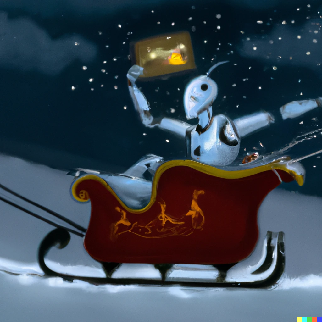 Prompt: An android painting artificial intelligence while flying in Santa's sleigh, snowy night, joyful