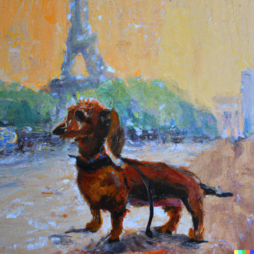 Prompt: An impressionist oil painting of a miniature dachshund in the streets of Paris with the Eiffel Tower in the background