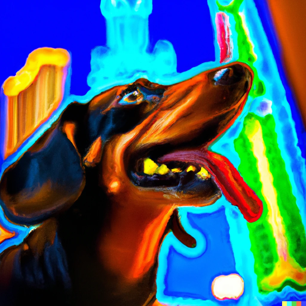 Prompt: Miniature dachshund enjoying the neon lights of Las Vegas at night digital art 