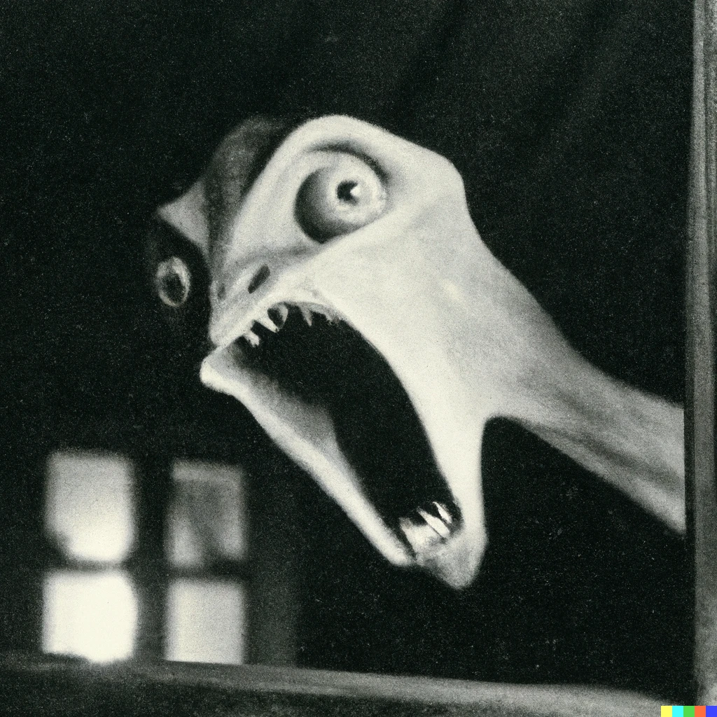 Prompt: screaming alien with very large mouth and sharp pointy teeth staring through a window at night, old photograph, real