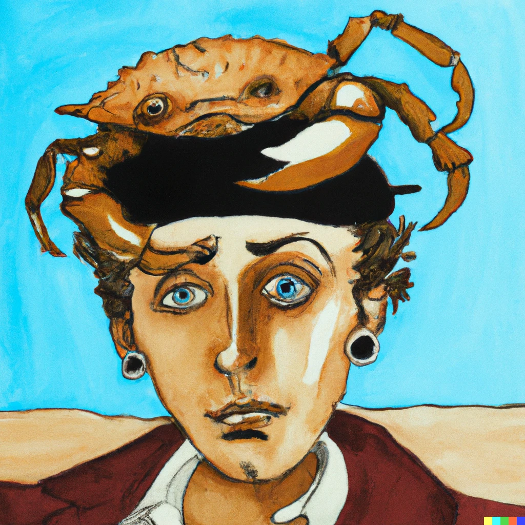 Prompt: a young man who looks like bob dylan with a crab on his head in the style of salvador dali