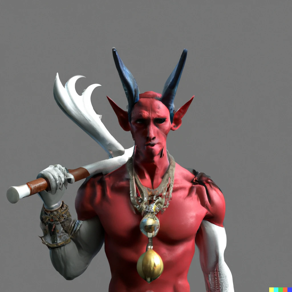 Prompt: A 3D render bust from lower angle of a muscular man with vibrant red color covering his whole skull head and body skin, with skull face and long fangs and goat horn and elf ear; shirtless, wearing necklace with wolf skull on its pendant; his right hand holding baseball stick with spikes; his left hand holding long bone; best on Artstation, 4K HD, by Pixar Animation Studios