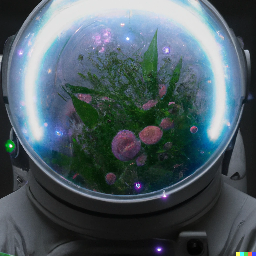 Prompt: A sci-fi astronaut wearing a fishbowl helmet floating in a hazy nebula. No human head. Flowers growing inside the helmet. Muted neon rear lights. --ar 9:16