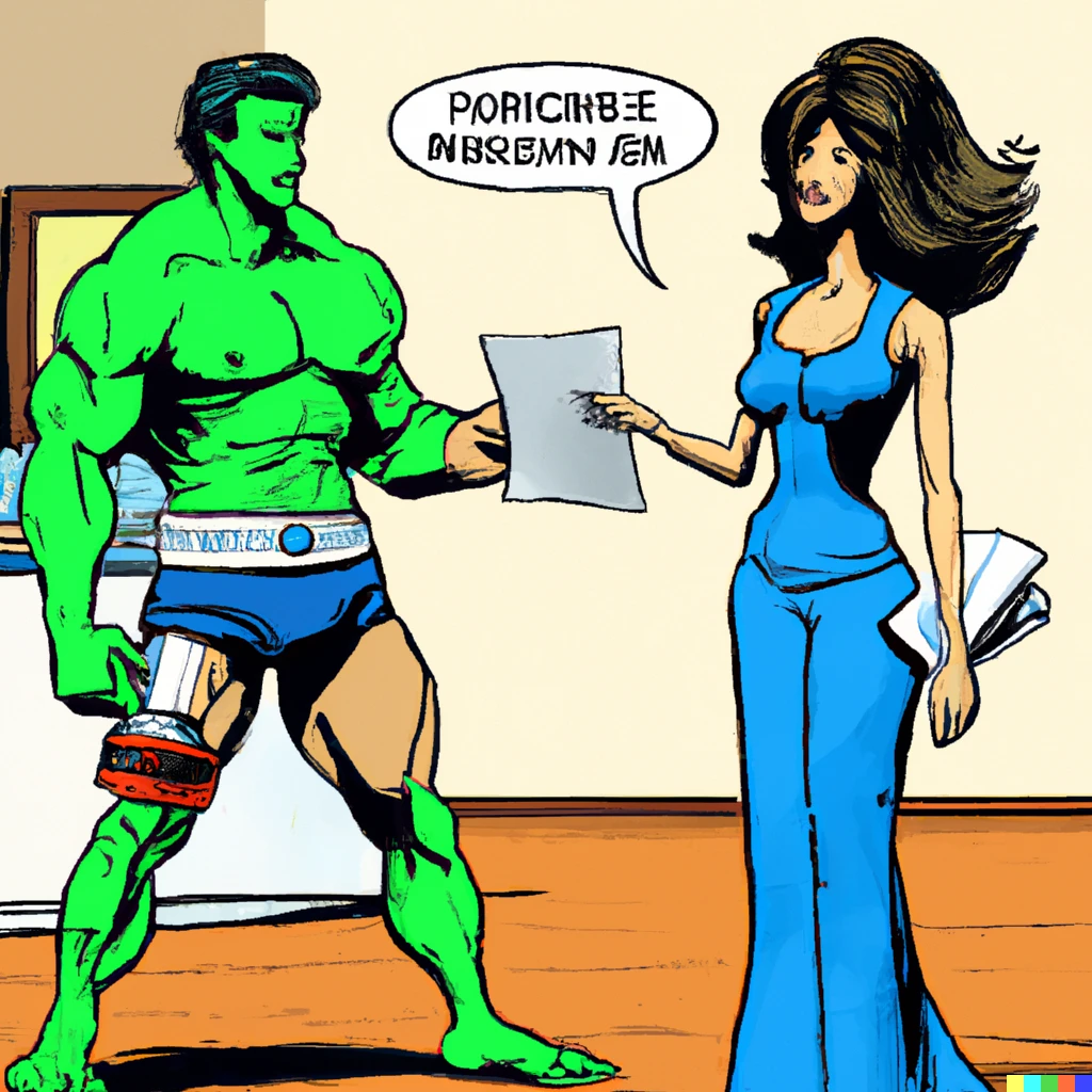 Prompt: The Wii Fit Trainer presents the Incredible Hulk with divorce papers, comic book art