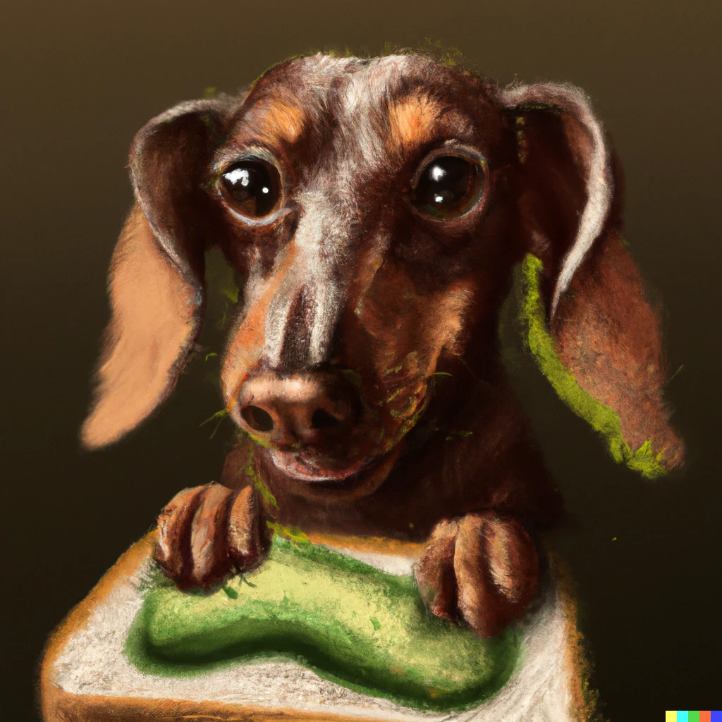 Prompt: A portrait of a dachshund eating avocado toast, digital art