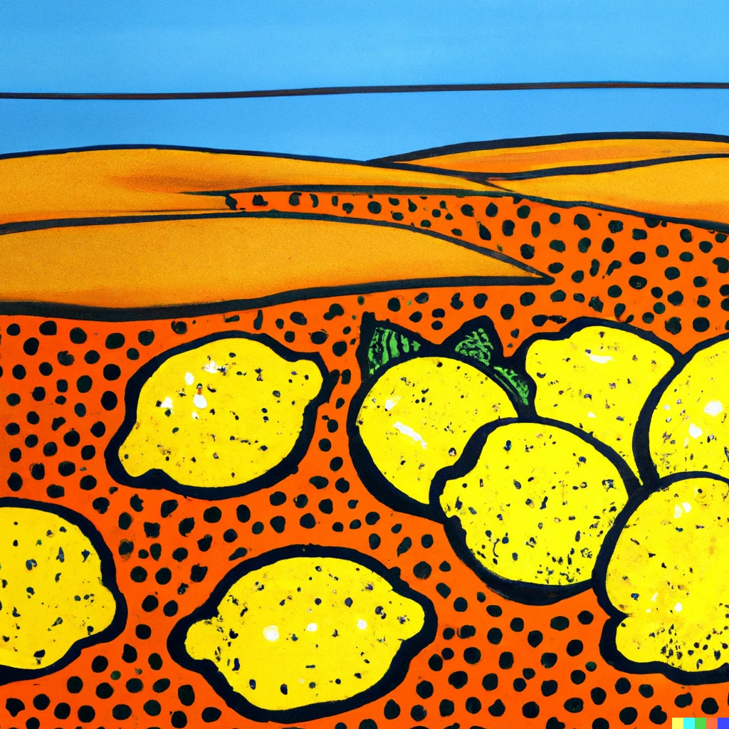 Prompt: Painting of some lemons and oranges over the sand of the desert made by a daltonic Roy Lichtenstein