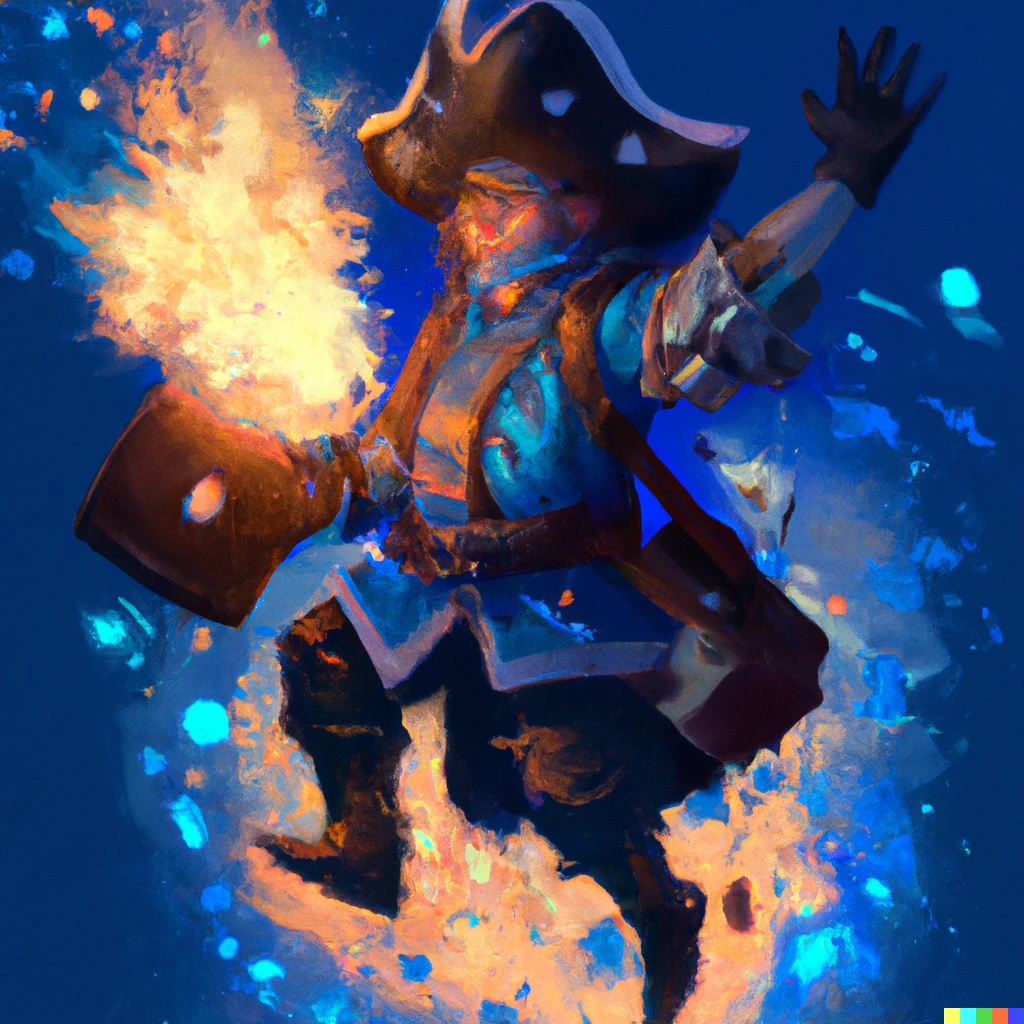 Prompt: A pirate with a magic hat and with a backpack that is flying in blue fire