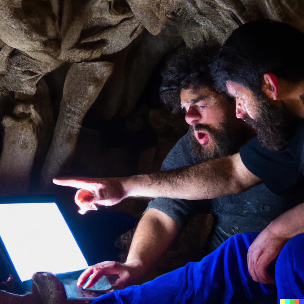 Prompt: A photo of two neanderthal in a cave, one programming happily on a laptop and the other one shouting at him and pointing to the entrance of the cave. 