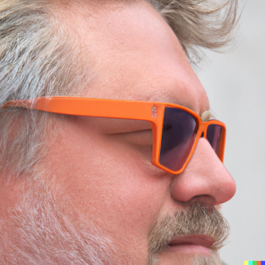 Prompt: Face portrait profile picture of chubby unshaven middle aged man with wild grey hair and orange glasses
