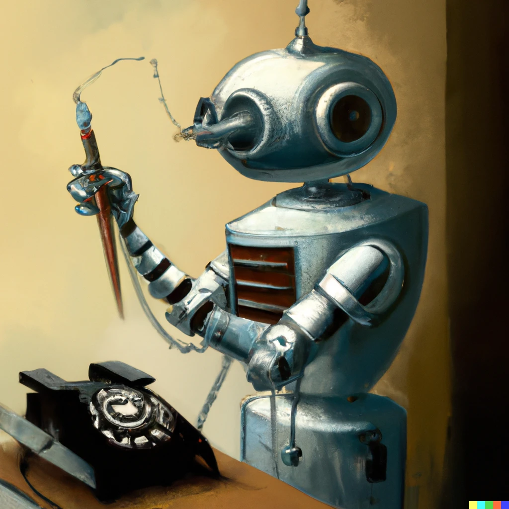 Prompt: friendly robot writing poetry with fountain pen while talking on the phone, oil painting, digital art