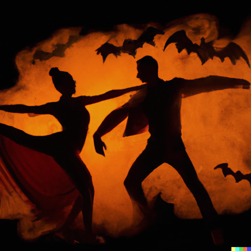 Prompt: Halloween themed stylized west coast swing dancing couple, orange silhouette on a black background with orange powdered mist and bats flying around