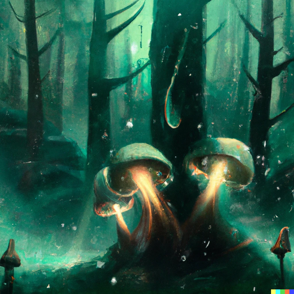 Prompt: mushroom spirits smoking a peace pipe in a misty forest with lush greenery at dusk, snowflakes falling, scene lit by fireflies, digital art