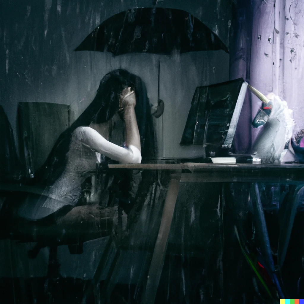 Prompt: sad woman sitting in the dark room in front of a computer thinking about unicorns, in a rainy style, deep and dark atmosphere
