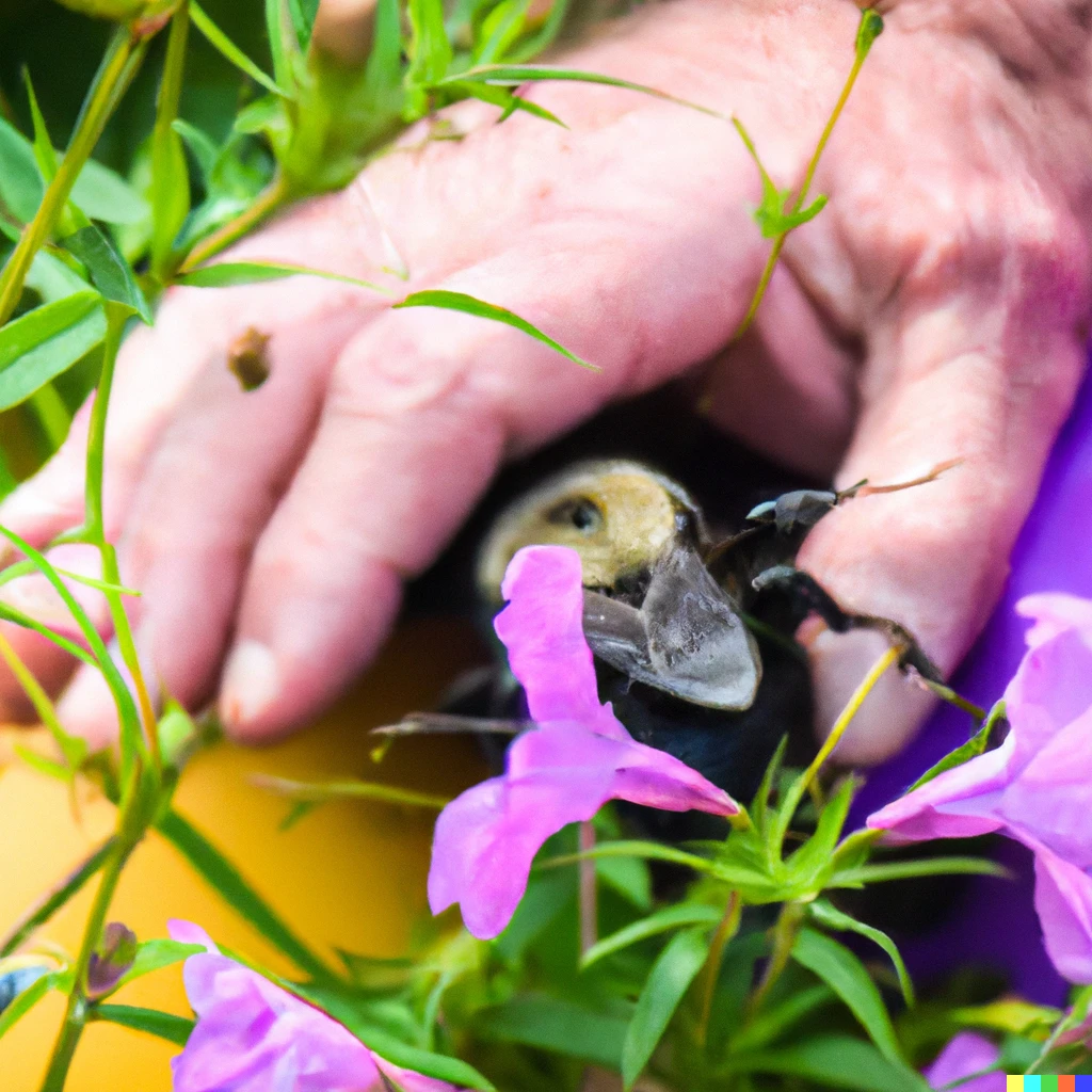 Prompt: A photo of a man petting a huge bumblebee in his garden.