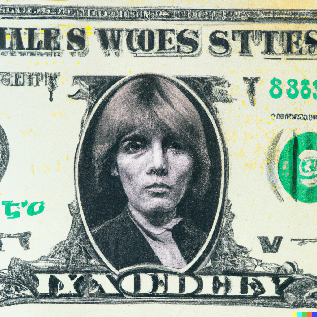 Prompt: a dollar bill with Chrissy Hynde instead of George Washington