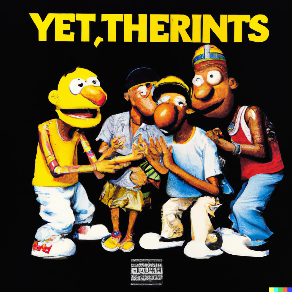 Prompt: album cover, wu tang clan and ernie and bert, "Wu Are the People In Your Neighborhood"