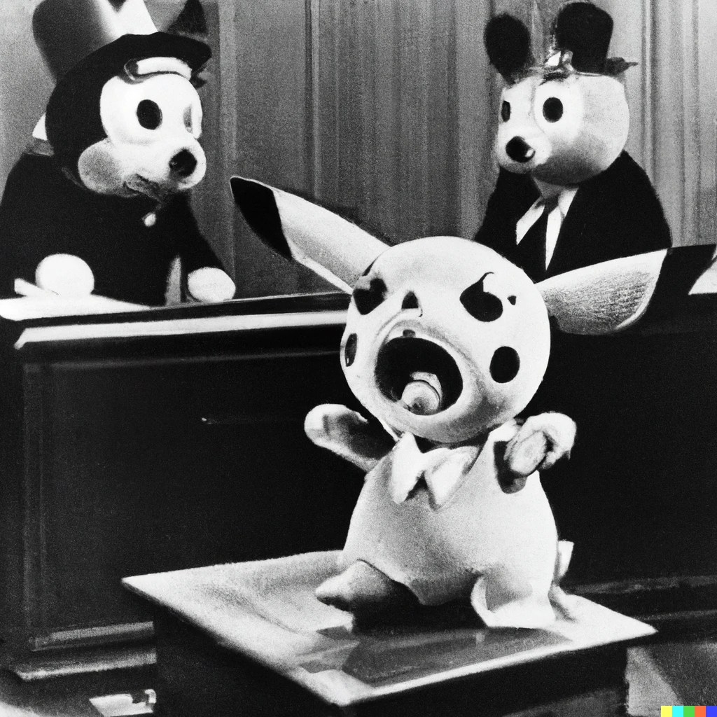 Prompt: Weegee photo of Pikachu testifying in a divorce trial