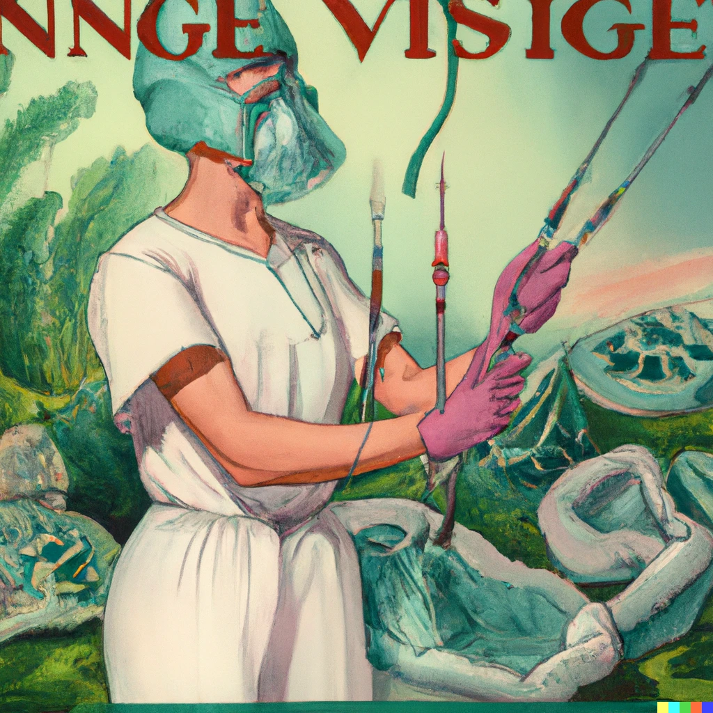 Prompt: A nurse holding the equipment for an invasive procedure, roger dean album cover
