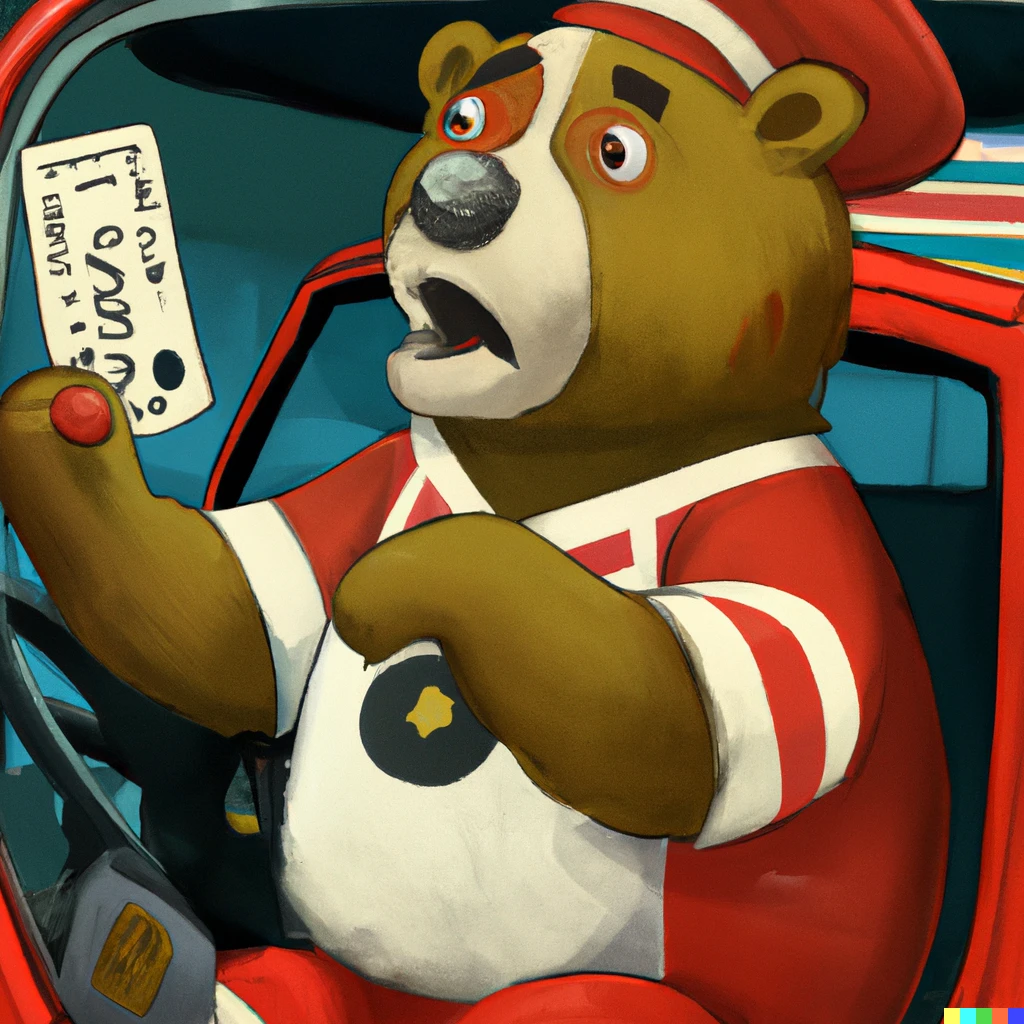 Prompt: A sad bear clown getting a speeding ticket, digital art