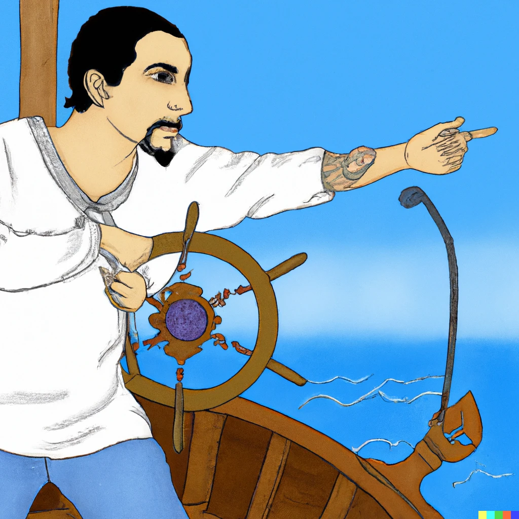 Prompt: A drawing of a zen pirate directing a boat