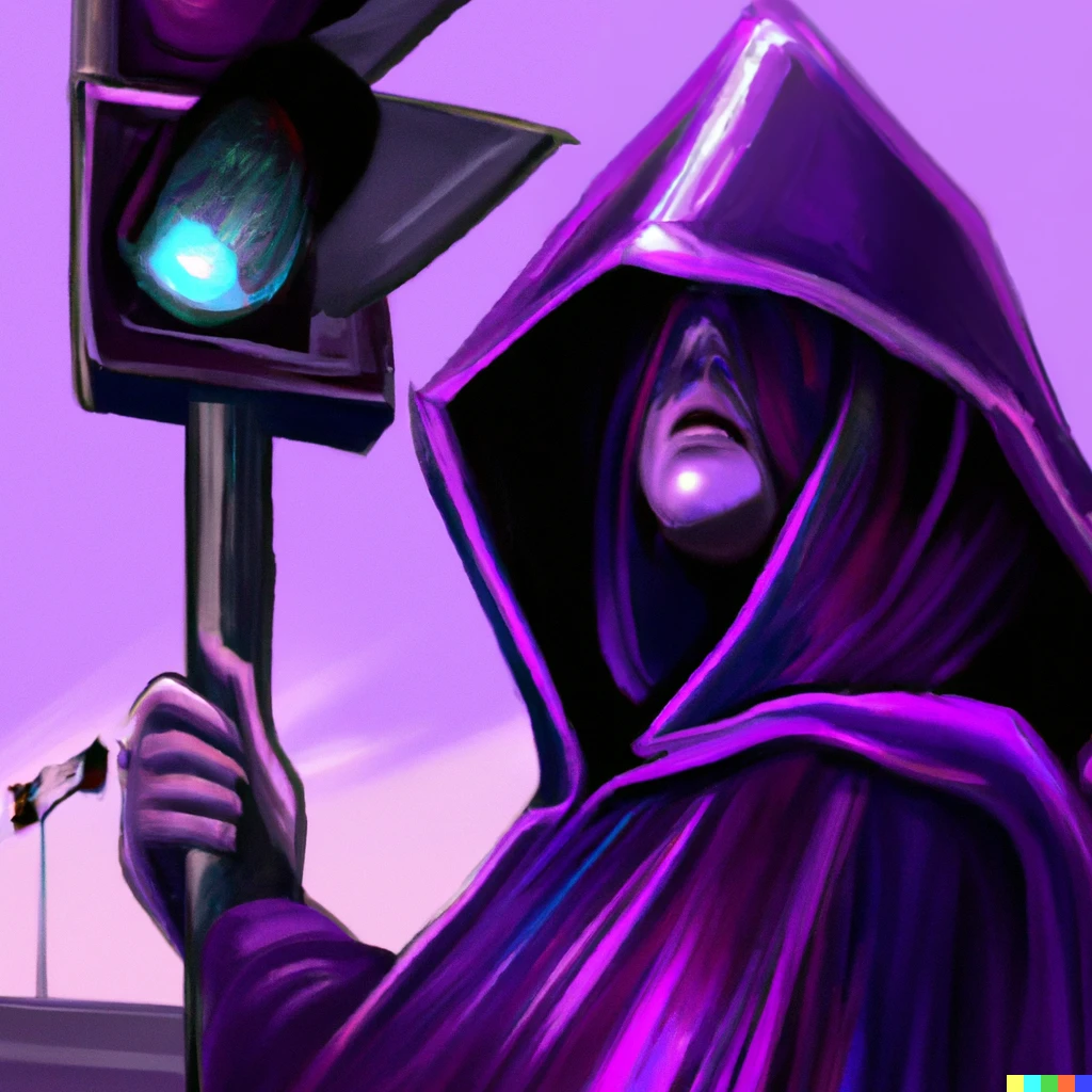 Prompt: Fantasy illustration of a female witch in a purple robe, with her face hidden by her emerald-encrusted floppy hood, casting a spell from a staff topped by a traffic light