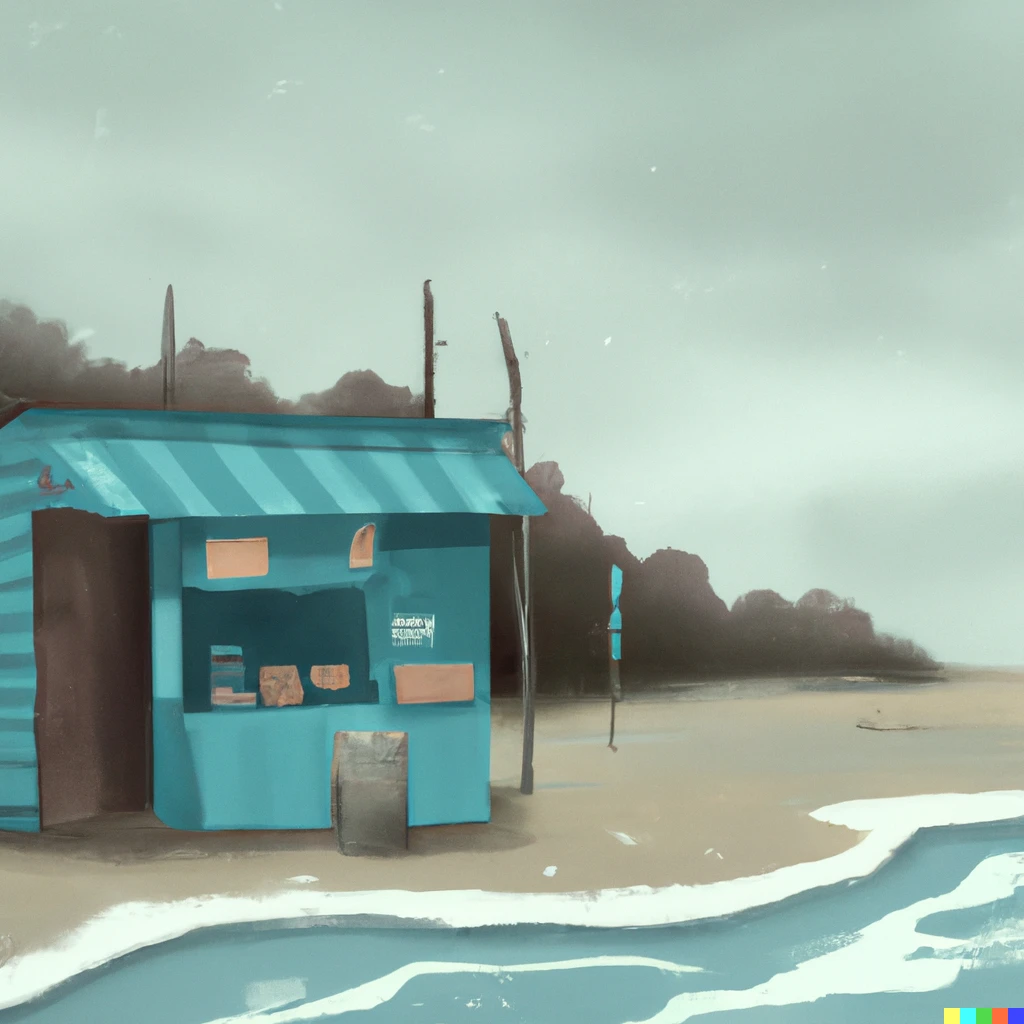 Prompt: A small, blue, old, retro shop on a deserted mud beach near the ocean with waves, with a forest behind the shop and a gray sky. Digital art 