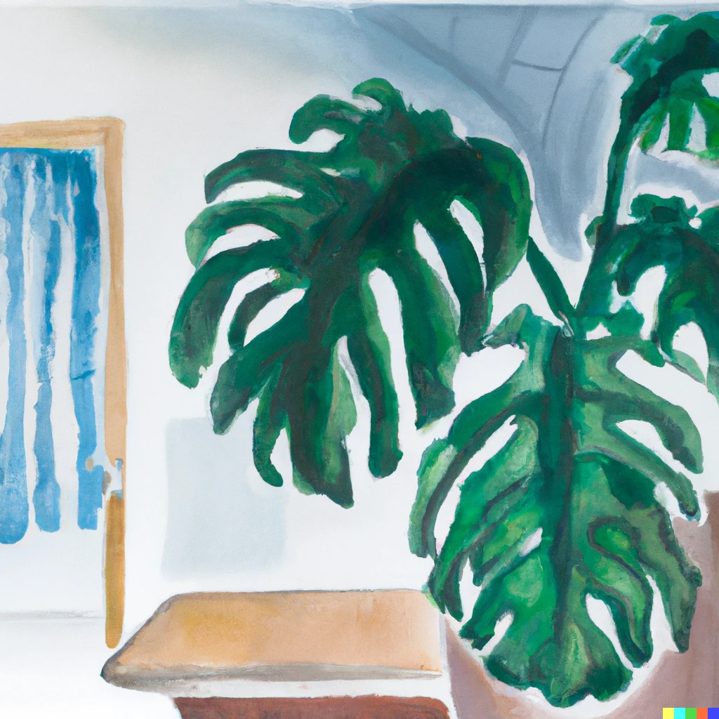 Prompt: watercolor painting of a monstera plant in a hospital room