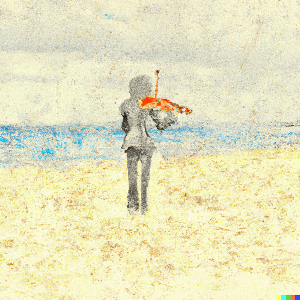 Prompt: abstract pencil and watercolor art of a lonely violinist on a beach