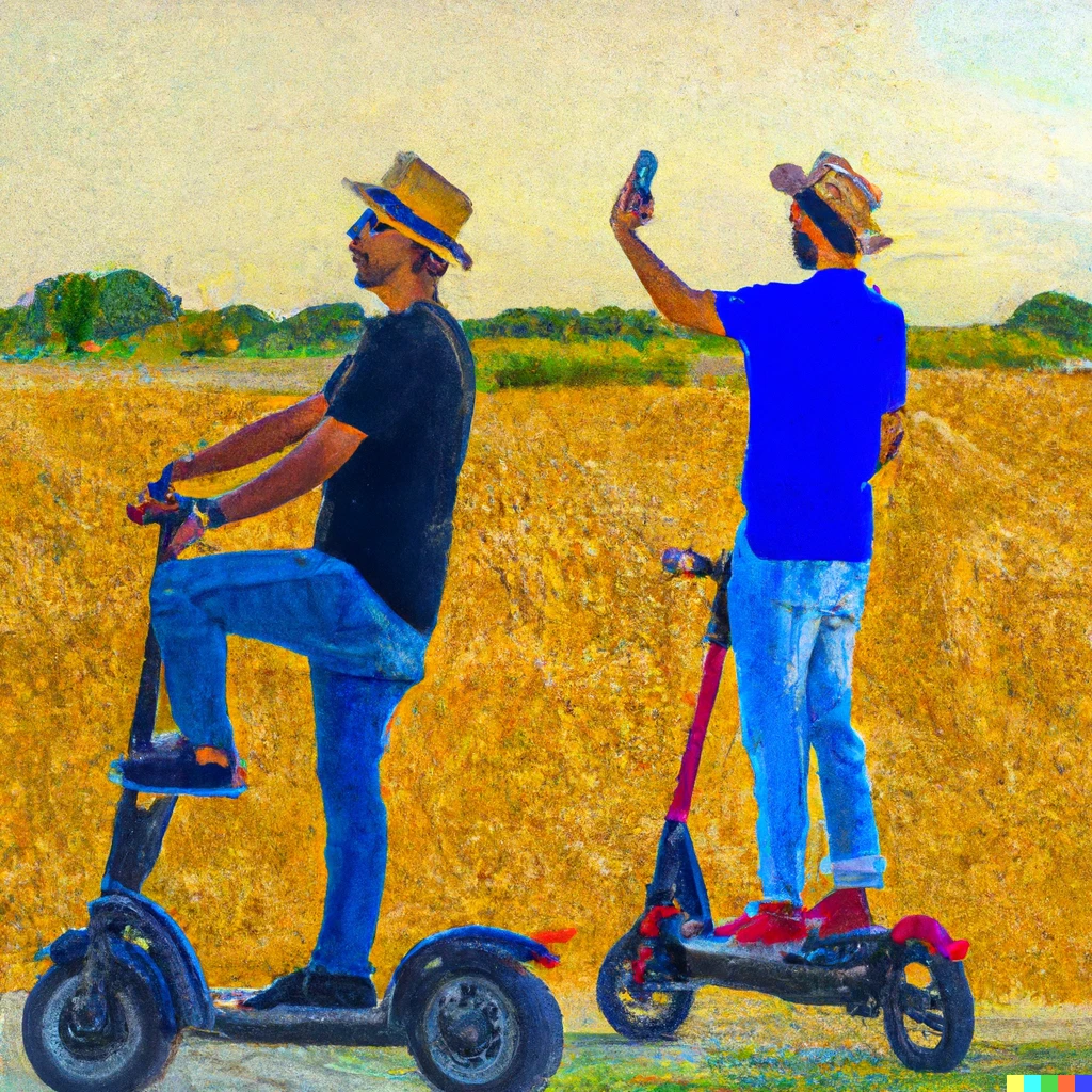 Prompt: Men in long sleeve shirts and jeans wearing straw hats taking selfies on their mobile phones and riding on electric scooters in the hayfields with large bales of hay at sunset, painting by Van Gogh. 