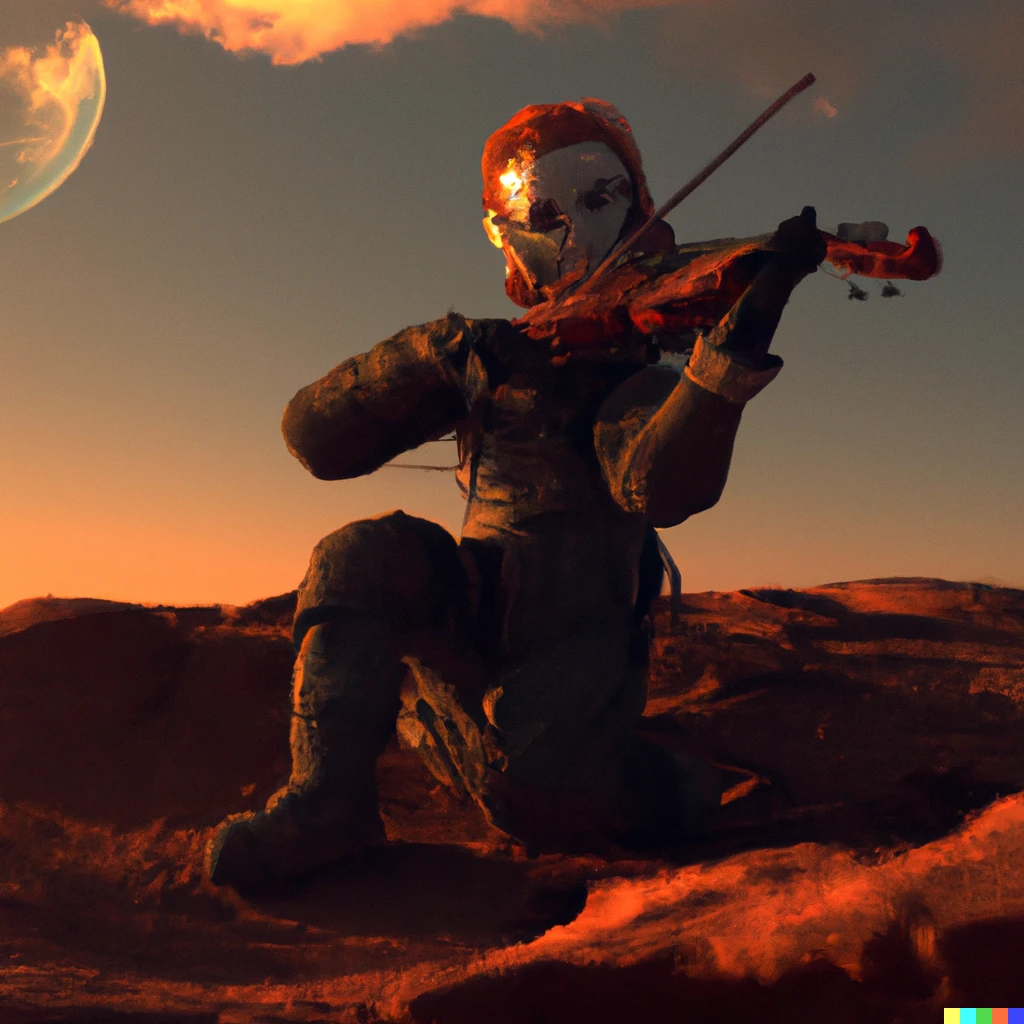 Prompt: 8K photograph astronaut playing violin on Mars at sunset, digital art