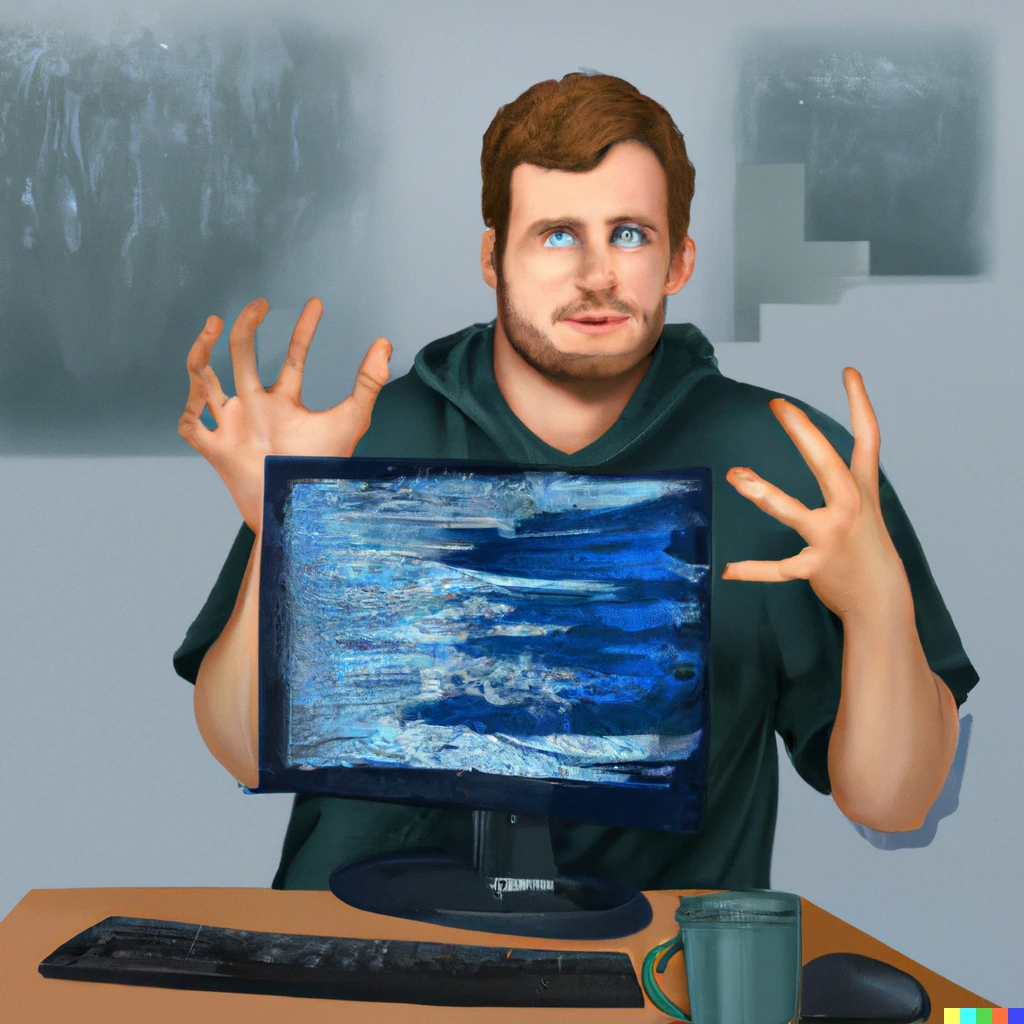 Prompt: A realistic painting of a Programmer with fear to the computer