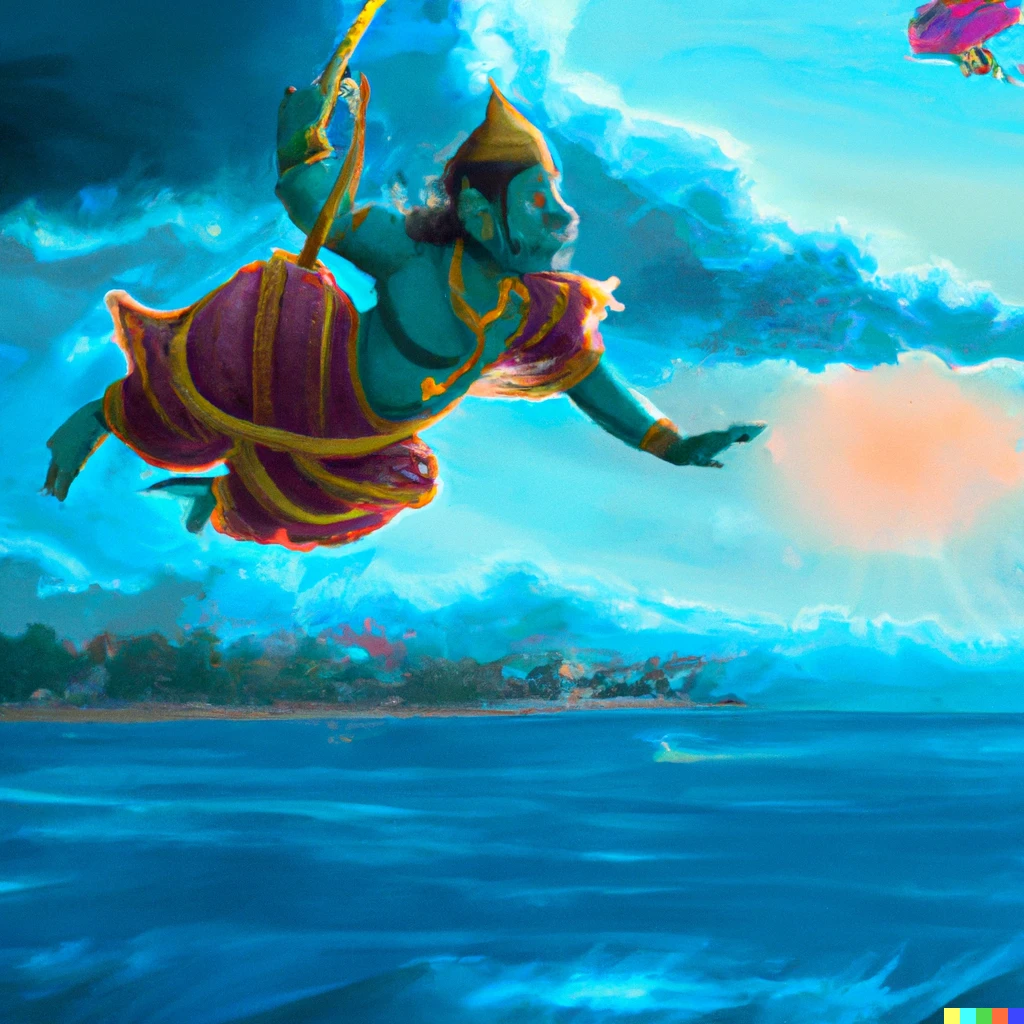 Prompt: Digital Art of Hanuman flying across the ocean to Lanka to rescue Sita from Ravana's palace garden
