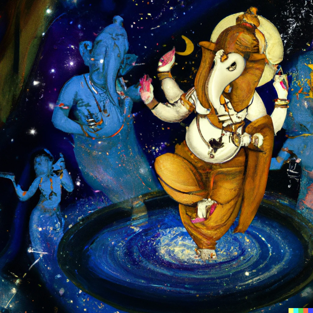 Prompt: Digital art of Ganesha dancing in the stars with Shiva and Parvati watching in the background