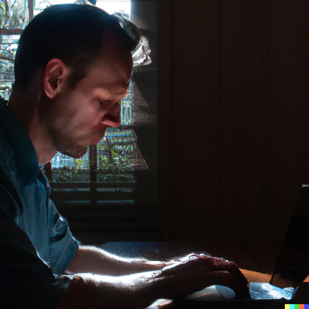 Prompt: A man working on his macbook laptop, sitting at a table, wearing a blue shirt, with the window open and daylight coming in. A Rembrandt style picture.