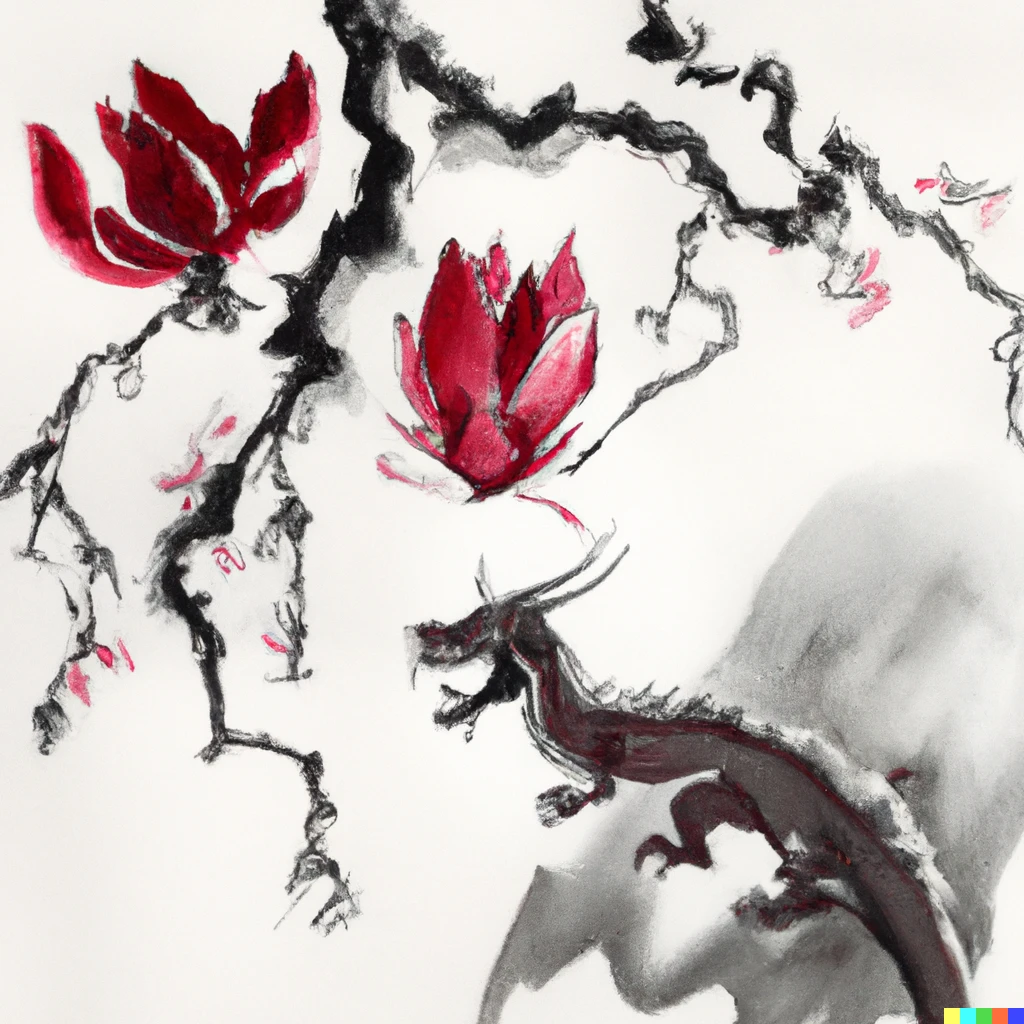 Prompt: A dragon and red magnolia in ink wash painting