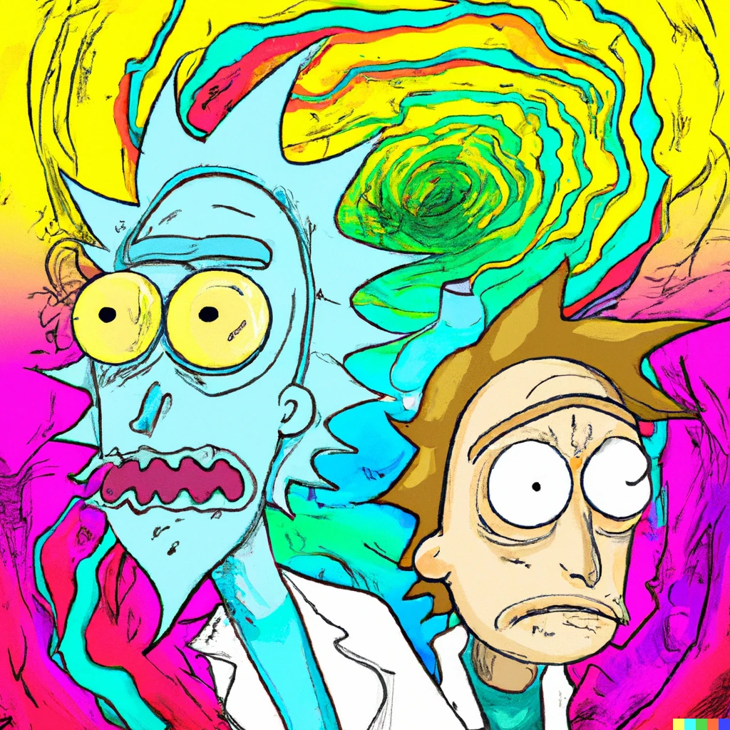 Prompt: Rick and Morty in the psychedelic universe
