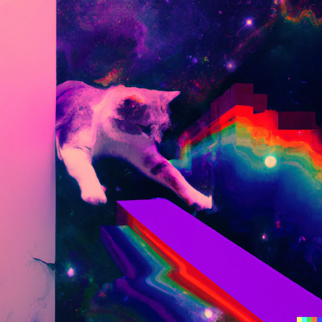 Prompt: A cat jumping through colorful space, vaporwave