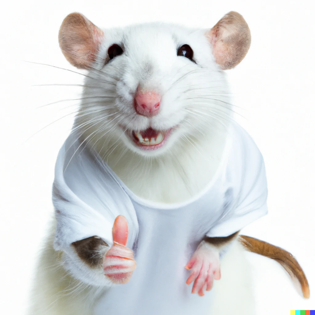 Prompt: A photo of a friendly smiling rat wearing clothes giving a thumbs up to the viewer
