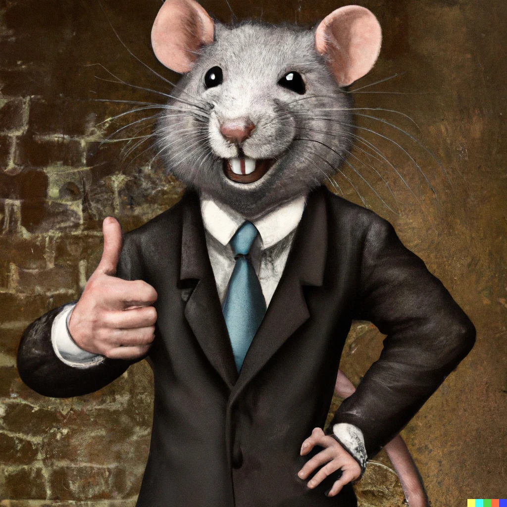 Prompt: A friendly smiling rat, wearing a casual suit, giving a thumbs up to the viewer, rustic background, digital art, high definition 