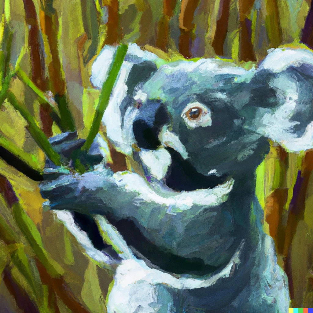 Prompt: impressionist painting of a koala bear holding bamboo sticks