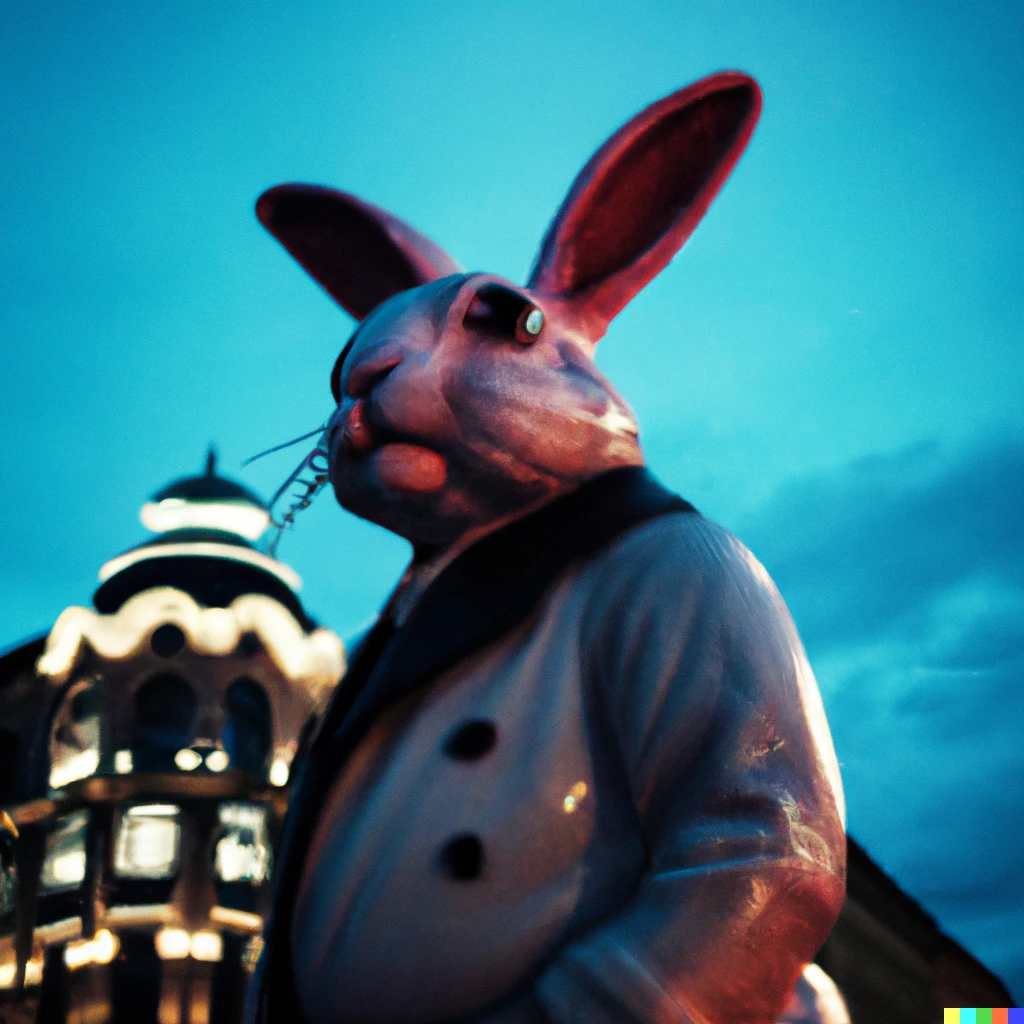 Prompt: Bugs Bunny from The Grand Budapest Hotel (2014), blue hour, Bleach bypass,  Medium Shot