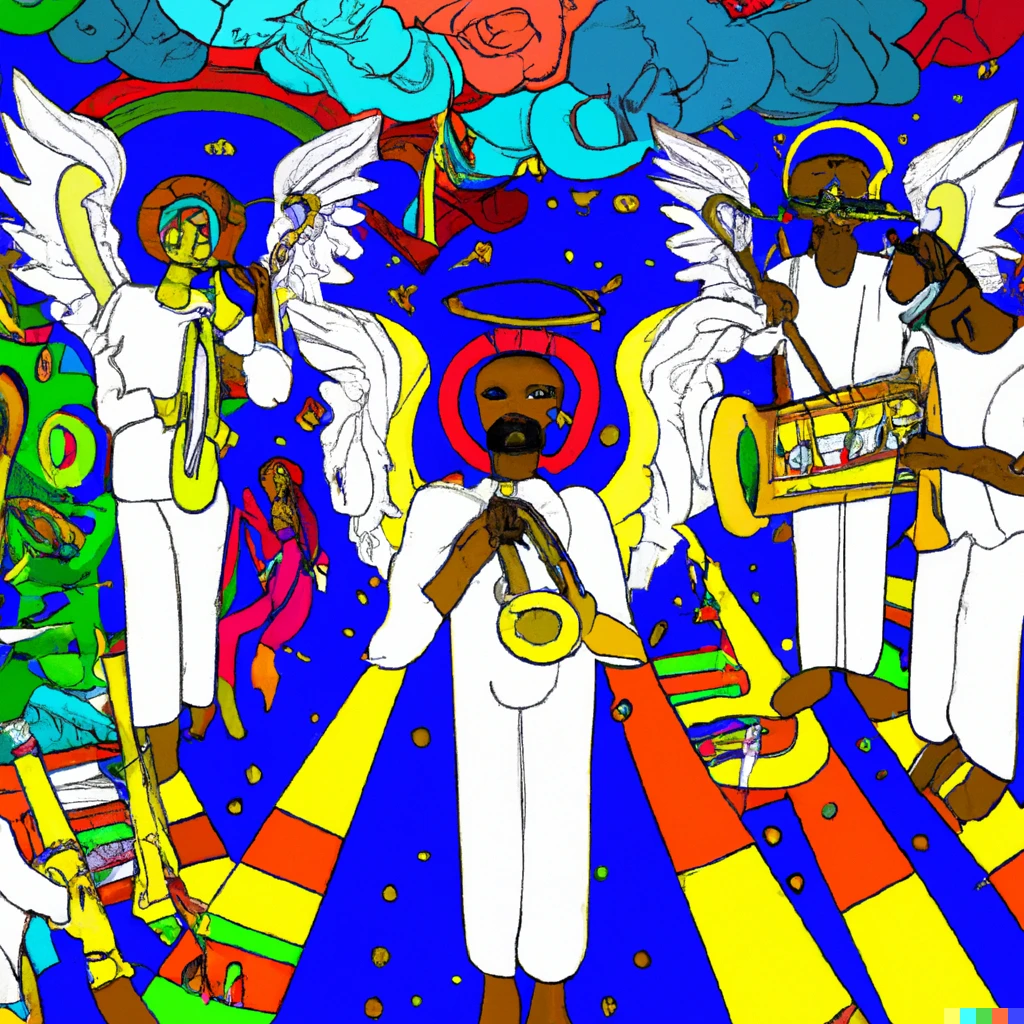 Prompt: San ra's arkestra performing in heaven among the angels