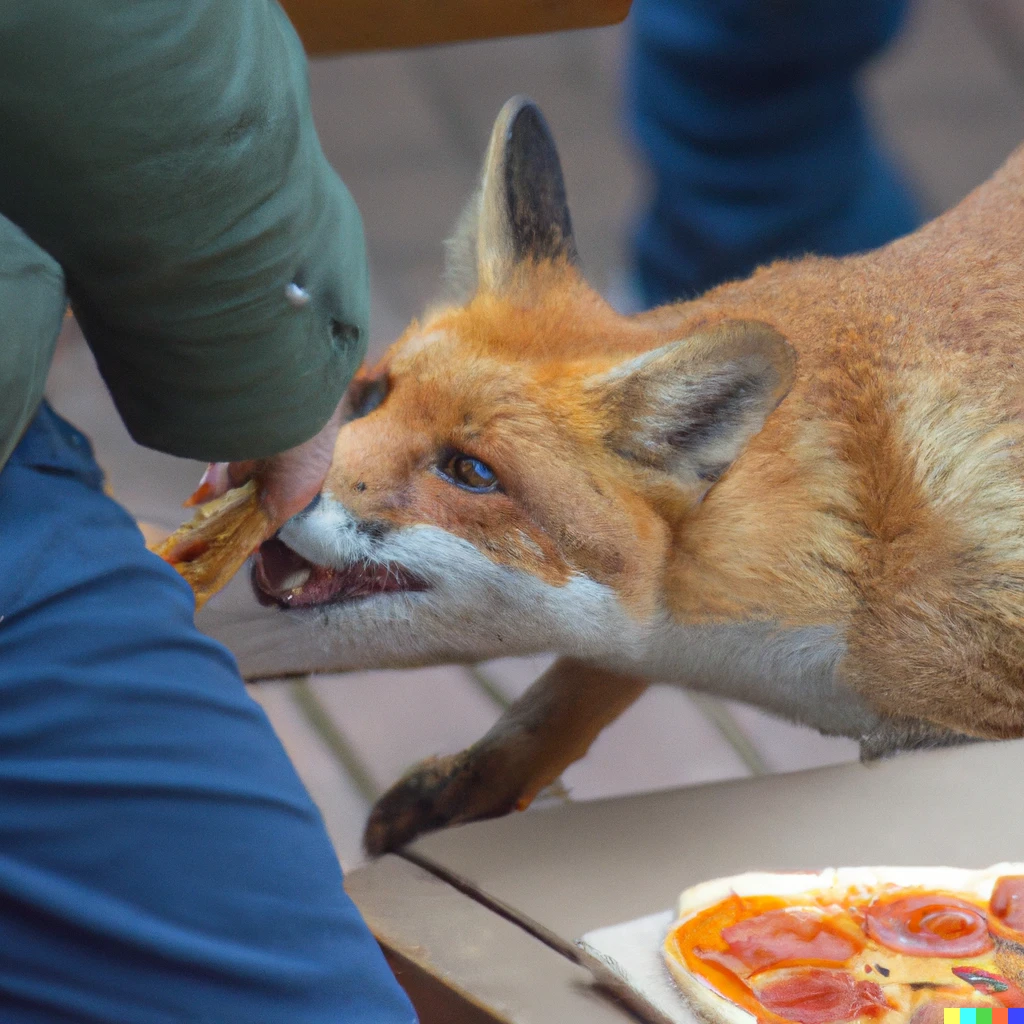 Prompt: Red fox stealing a slice of pizza from a man 
