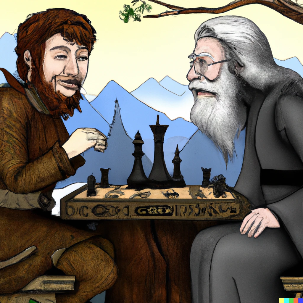 Prompt: a game of thrones character playing chess with someone from lord of the rings