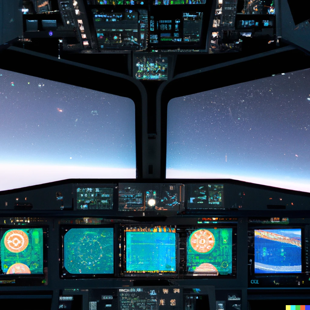 Prompt: A cockpit with digital display panels and a big window to see space and passing stars