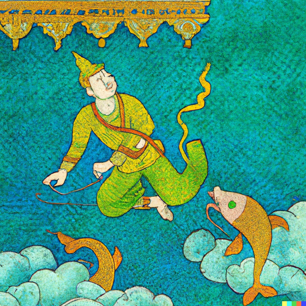 Prompt: Man catch a fish. Thai mural in Wat style.